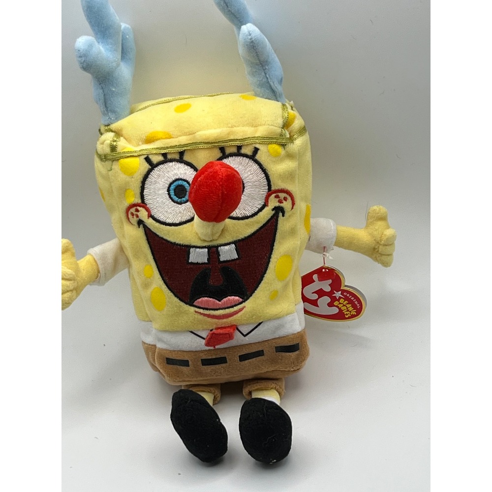 Ty Beanie Babies SpongeBob Sleigh Ride Reindeer Antlers Red Nose Plush 2004